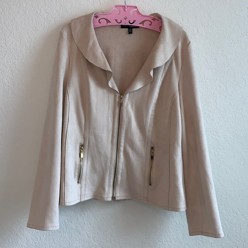 Conrad C Collection Cream Ruffle Neck Suede Like Jacket Womens 4